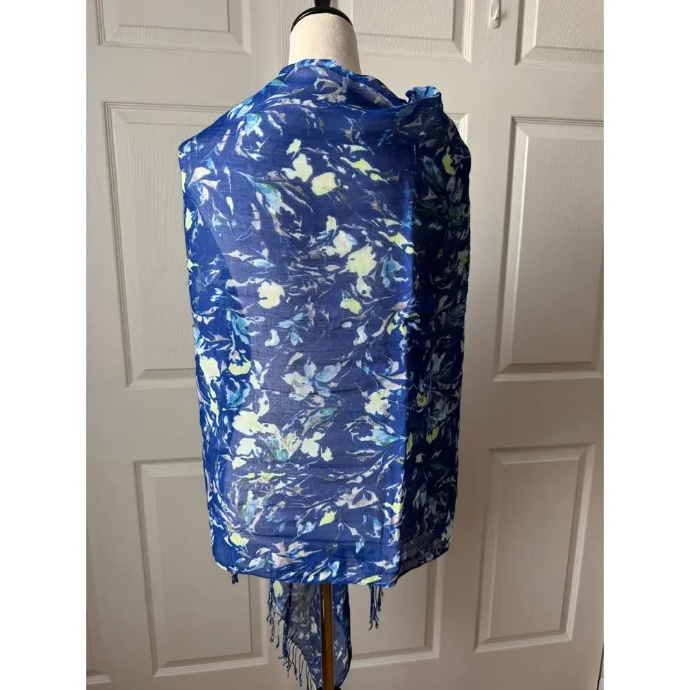 Coldwater Creek Blue Floral Linen Blend Scarf Wrap Fringe 27x 74 Coastal Boho